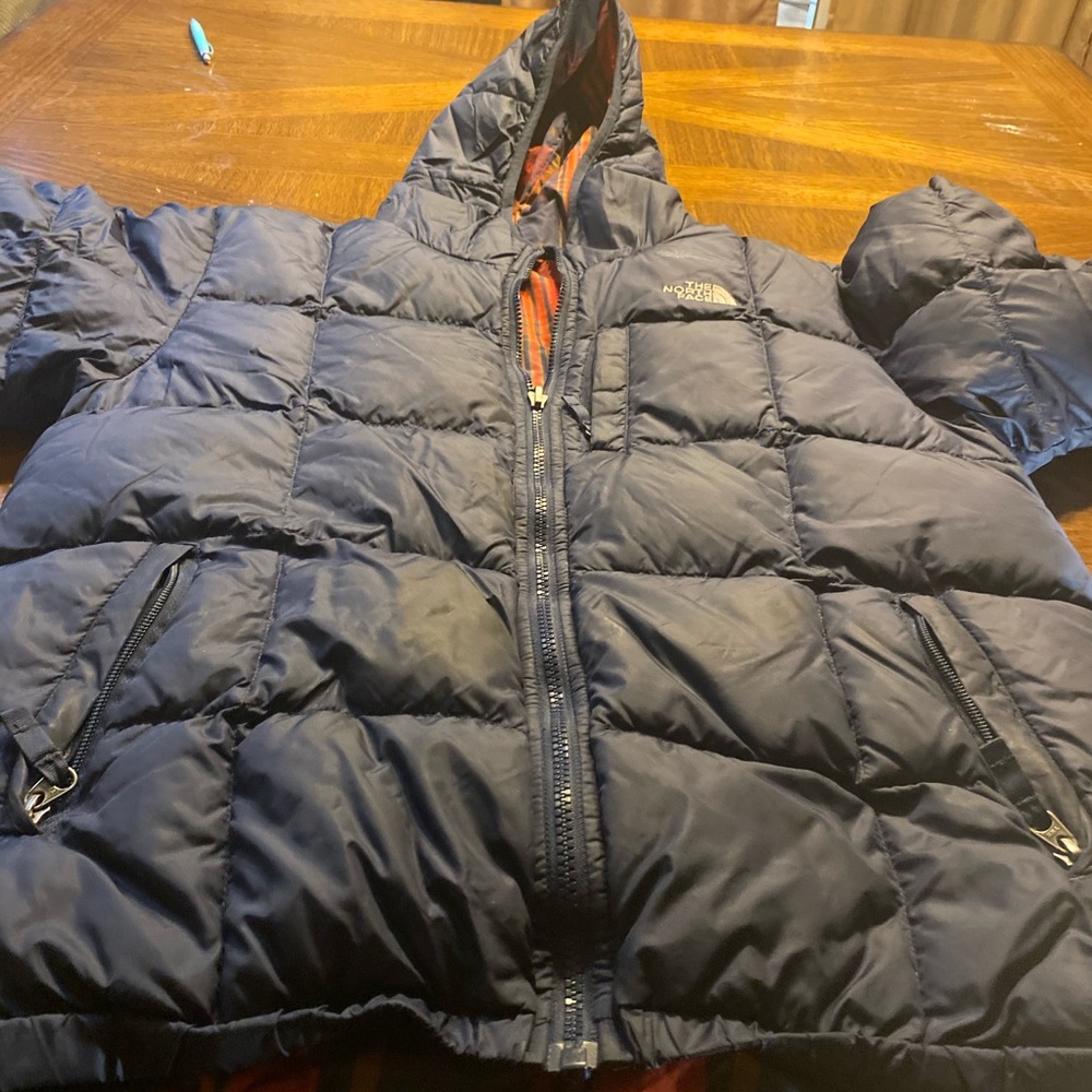 Navy Blue Plaid Reversible North Face Boys Coat